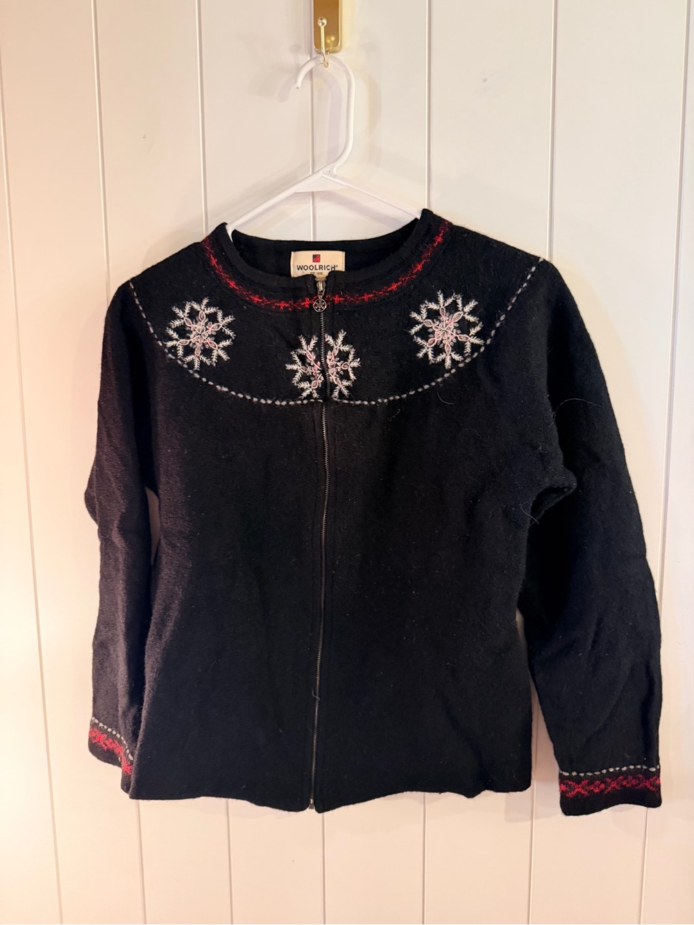 Woolrich 100% Wool Snowflake Zip Cardigan Sweater Women’s Large Black Nordic